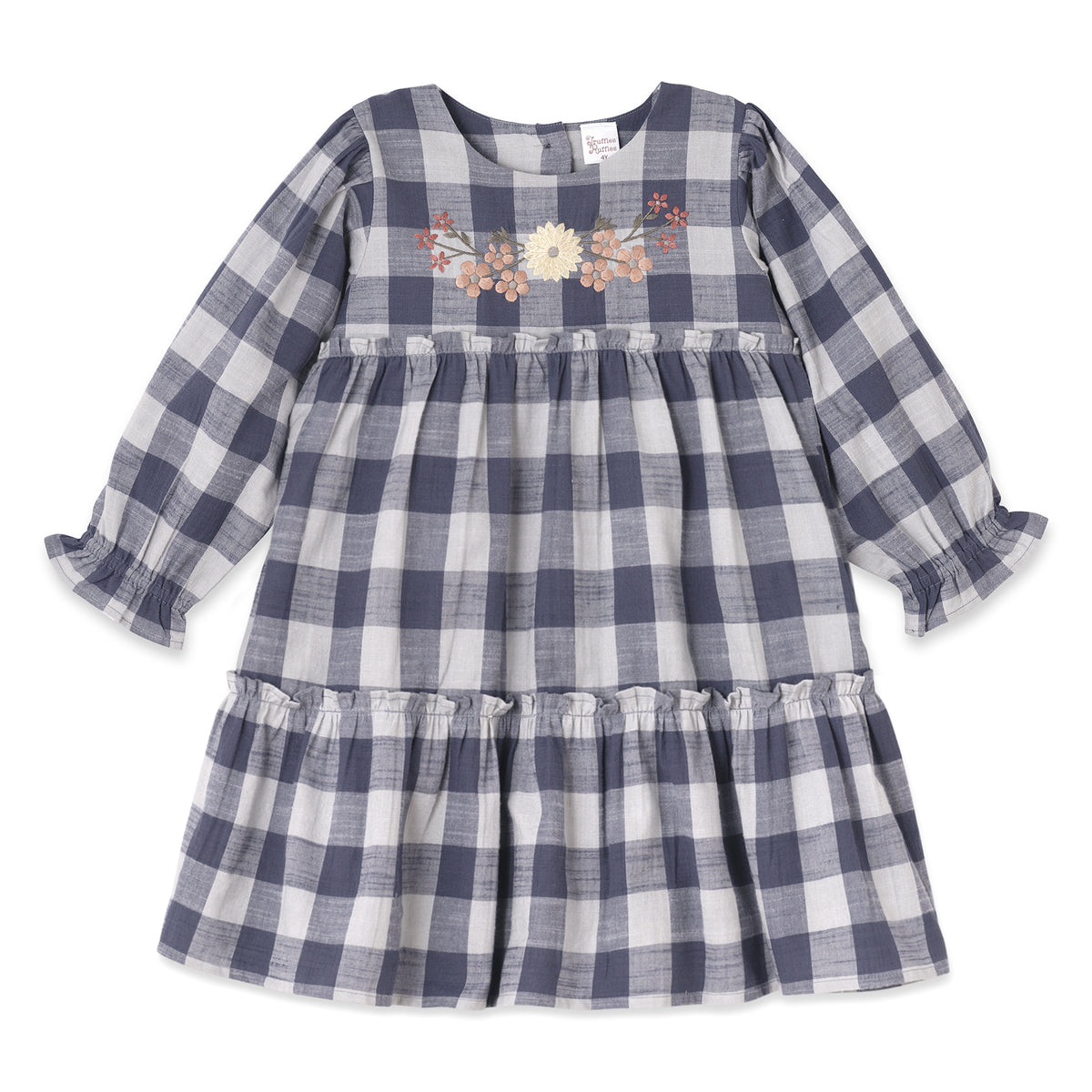 Buffalo Check Girls Cotton Dress with Floral Embroidery & Ruffles