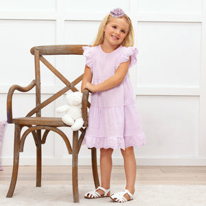 Lavendar Gauze Girl's Dress w/Eyelet Flutter Sleeves