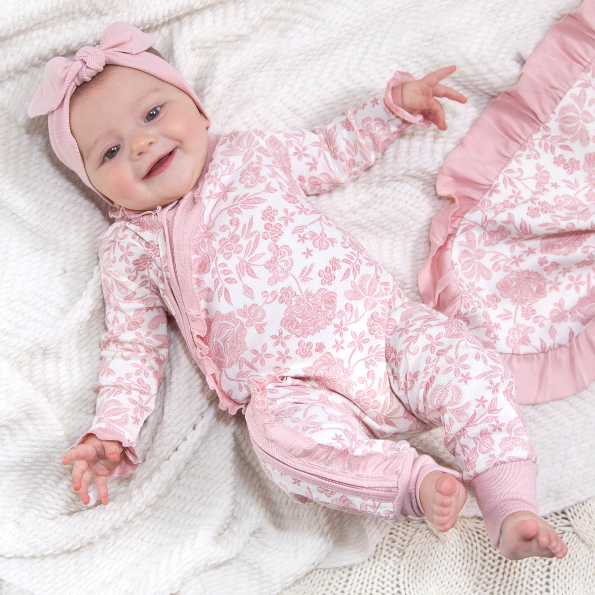 Baby Girl Pink Embroidered Lace Zipper Romper