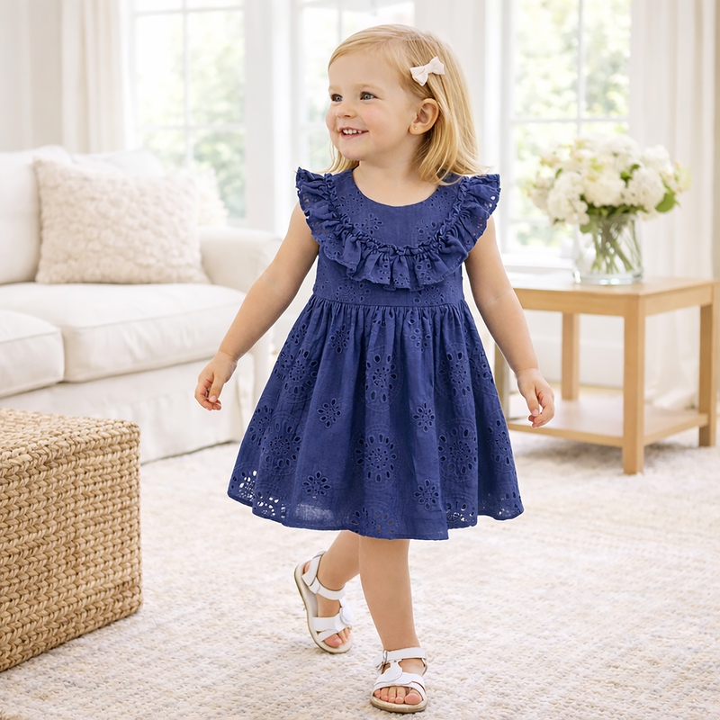 Girls' Eyelet Ruffle Dress - Cotton Blue Embroidered 3T Girls' Eyelet Ruffle Dress - Cotton Blue Embroidered 3T