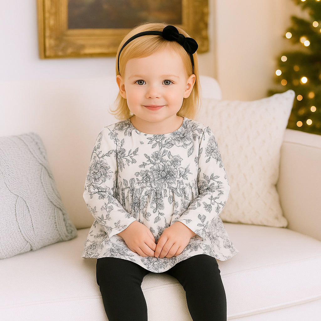 Girls' Bamboo Toile Tunic Set – Floral Top & Leggings