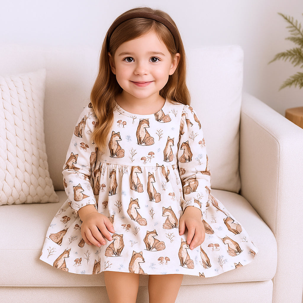Bamboo Woodland Harvest Fox Dress for Girls – Soft & Eco-Friendly