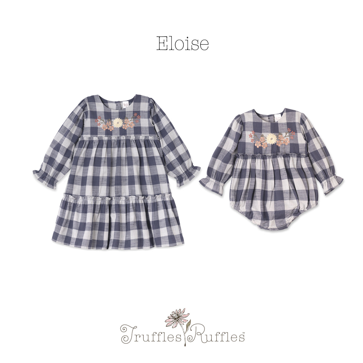 Buffalo Check Girls Cotton Dress with Floral Embroidery & Ruffles