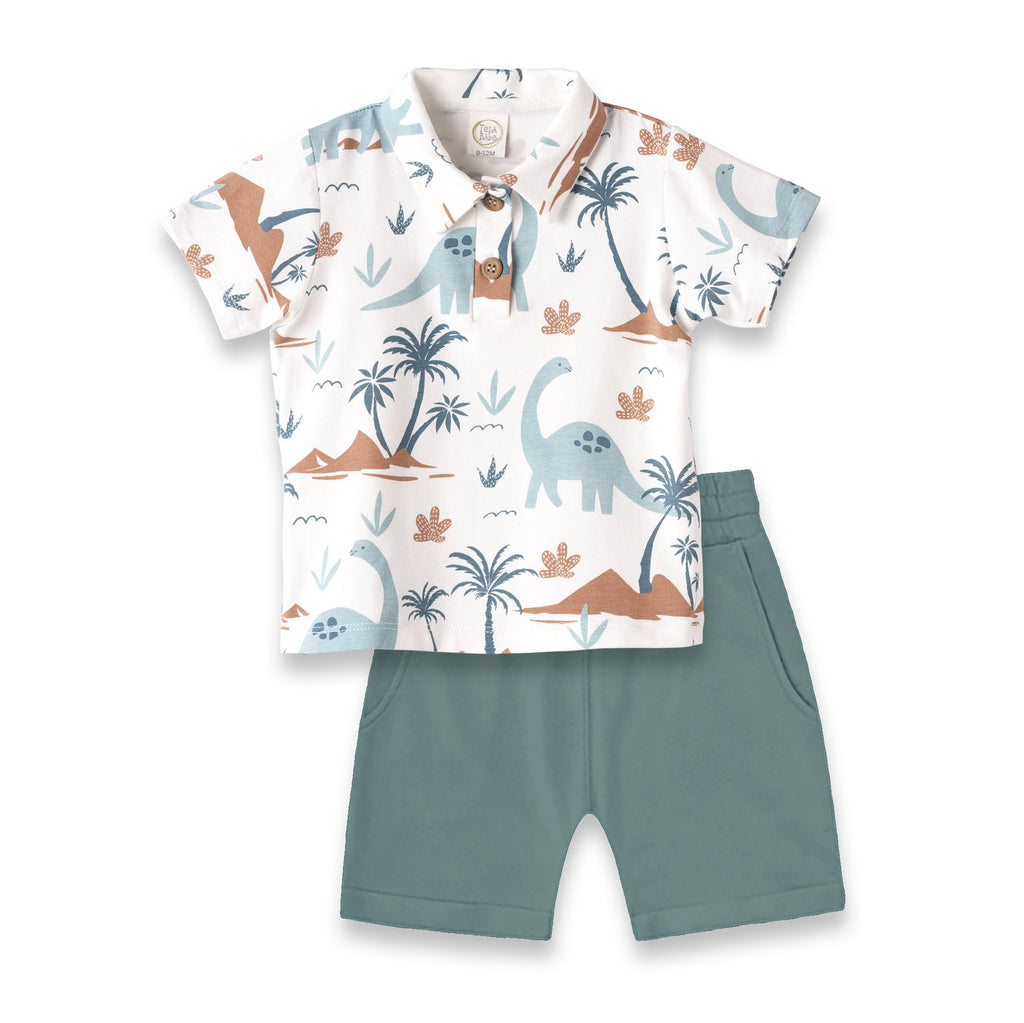 Tesa Babe Baby Boy Clothes 3-6M Dino Isle Bamboo Polo & Shorts