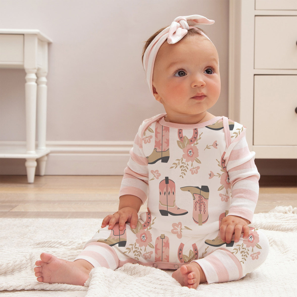 Tesa Babe Baby Girl Clothes Cowgirl Boots Bamboo Romper w/Pink Stripe Sleeves