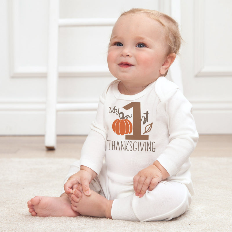 Tesa Babe Baby Unisex Clothes LS Romper - Ivory My 1St Thanksgiving Silkscreen #401US