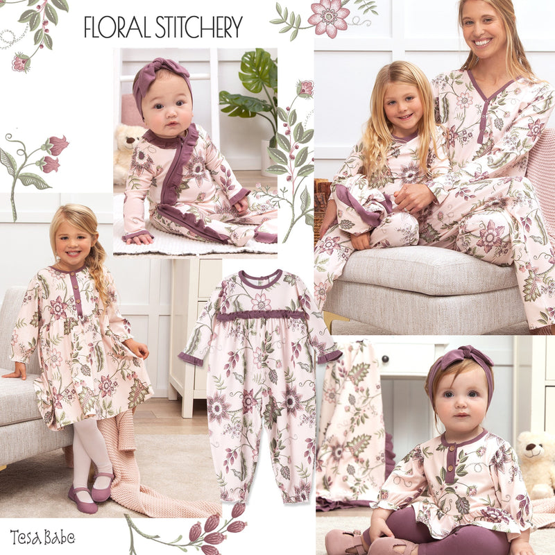Tesa Babe Baby Girl Clothes Floral Stitchery Elastic Ruffle LS Henley Dress