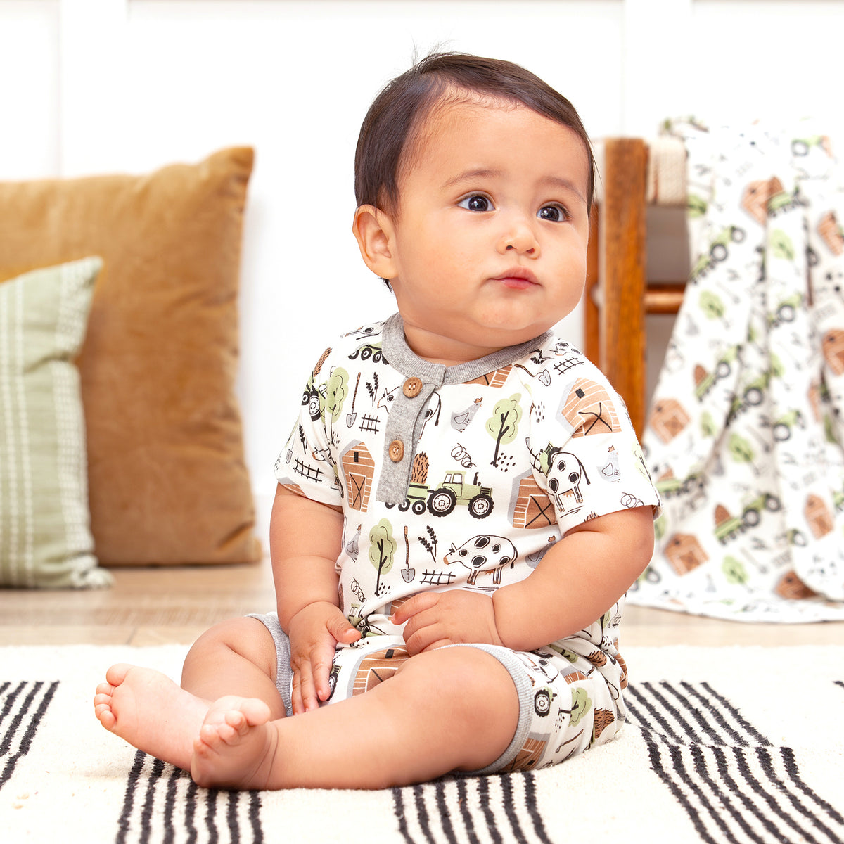 Barnyard Buddies Baby Boy Shortall Romper–Soft Bamboo 9-12M