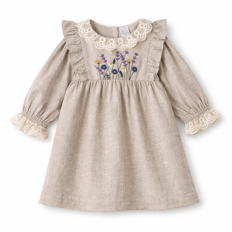 Embroidered Wildflower Linen Dress With Lace Trim