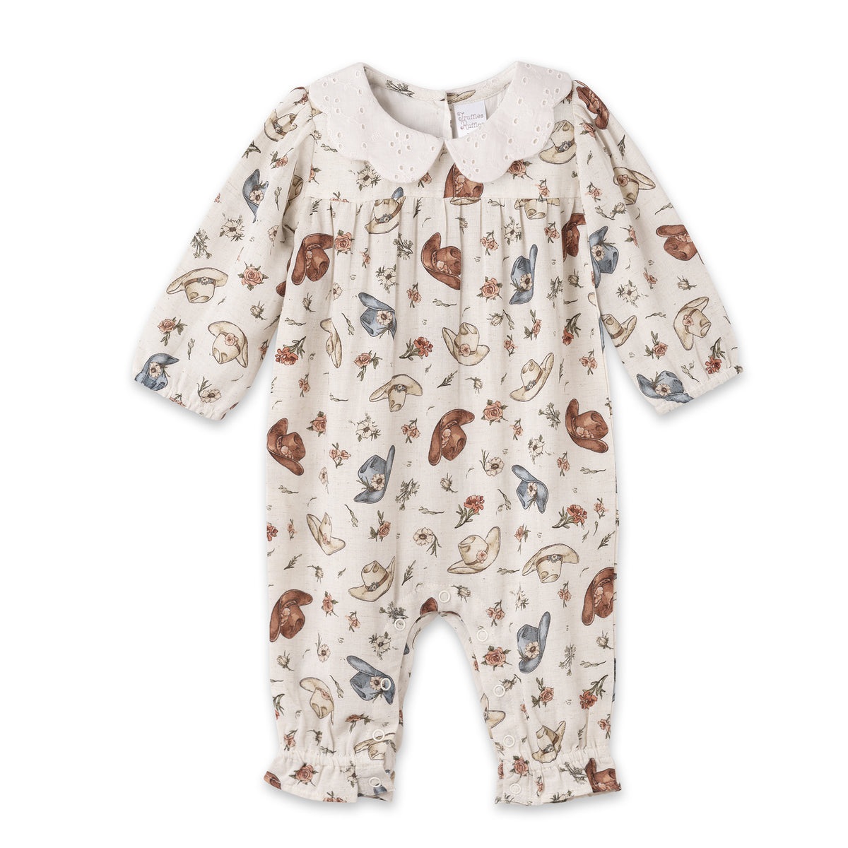 Larkspur Prairie Linen Western Romper With Eyelet Collar