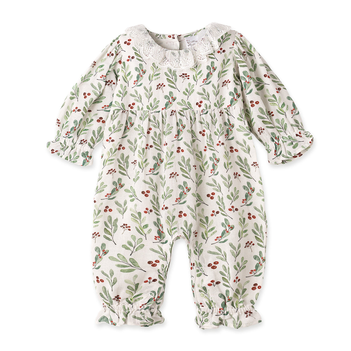 Holiday Berry Cotton-Rayon-Linen Baby Romper With Lace Trim