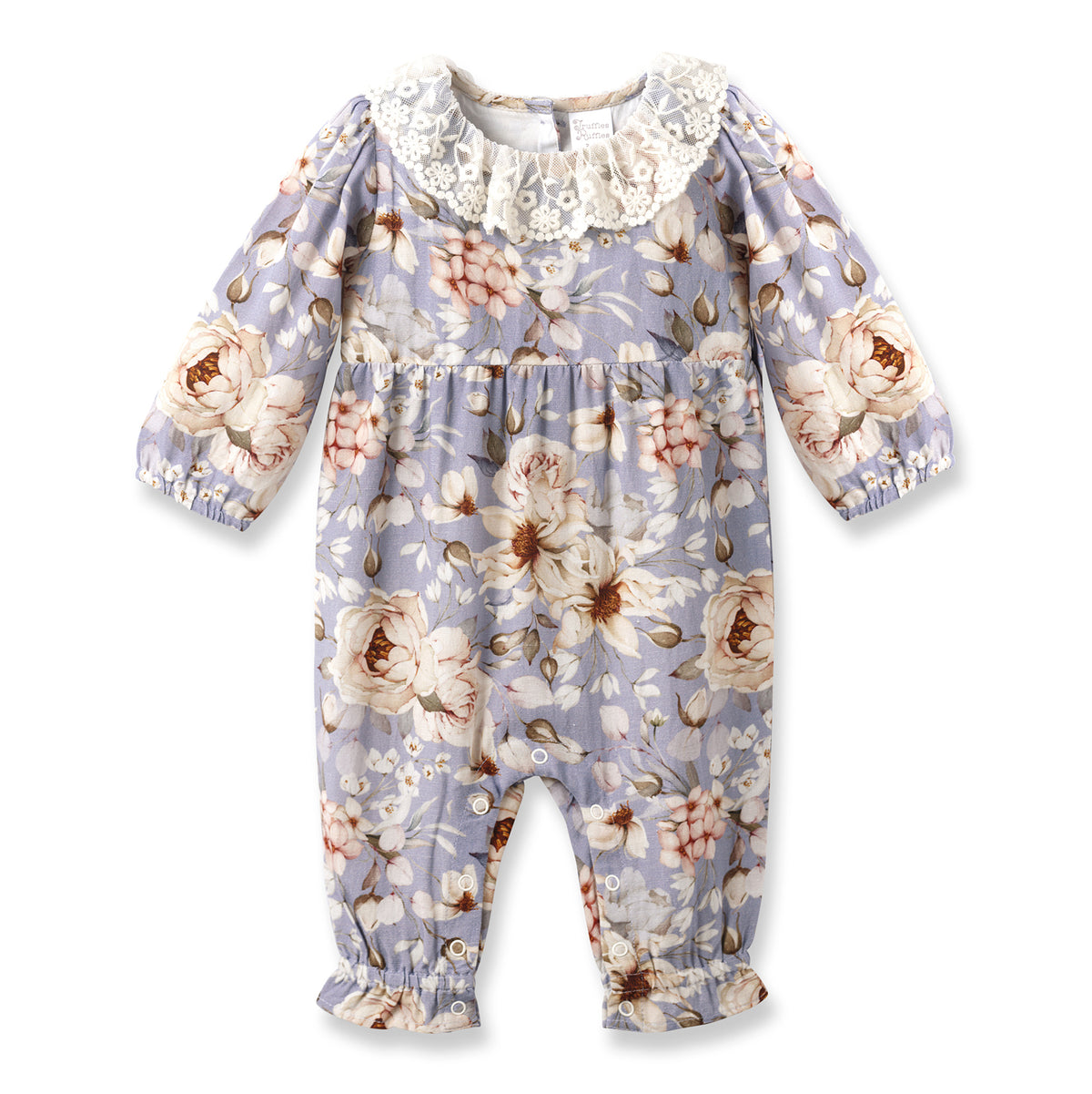 Blue Floral Vintage Linen Baby Romper With Lace Collar