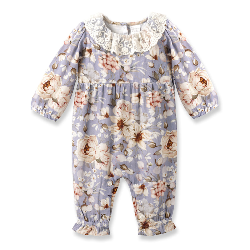 Blue Floral Vintage Linen Baby Romper With Lace Collar