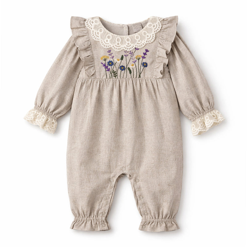 Embroidered Wildflower Linen Baby Romper With Lace Trim