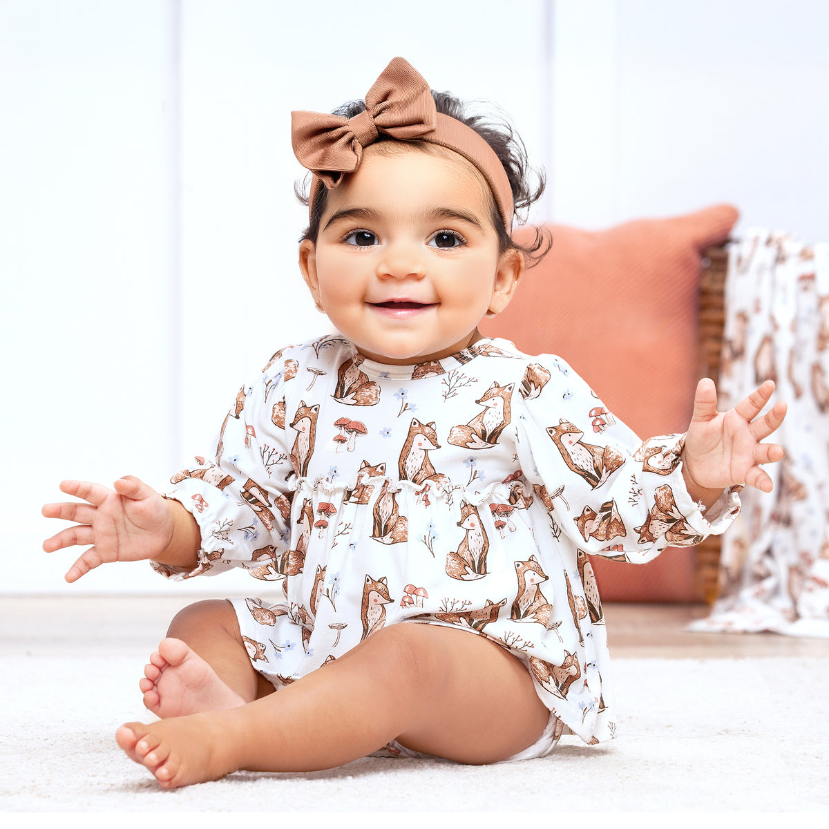 Bamboo Woodland Fox Baby Skirted Bodysuit with Flowers