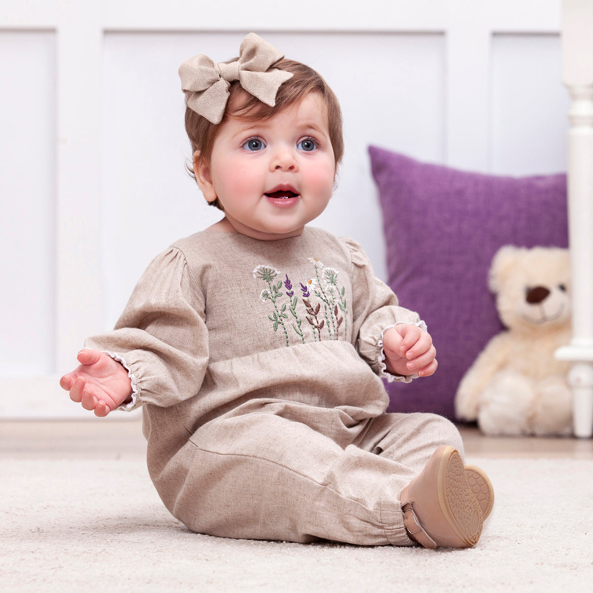 Felicity Girl's Embroidered Baby Romper – Linen Cotton Blend