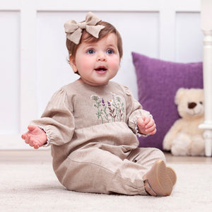 Embroidered Linen-Blend Baby Romper–Vintage Style