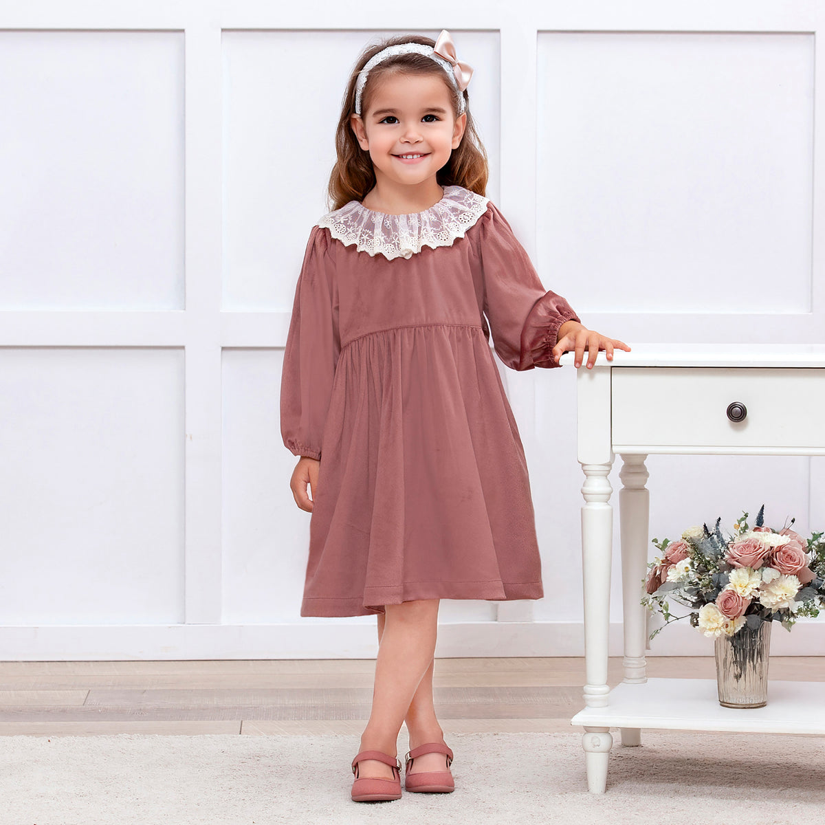 Mauve Velvet Girl's Dress Lace Collar Special Occasion Tesa Babe Mauve Velvet Girl's Dress Lace Collar Special Occasion Tesa Babe