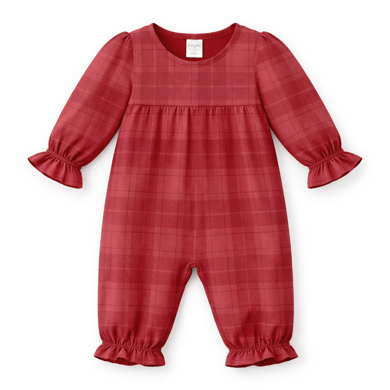 Red Plaid Baby Girl Romper With Ruffles & Puff Sleeves