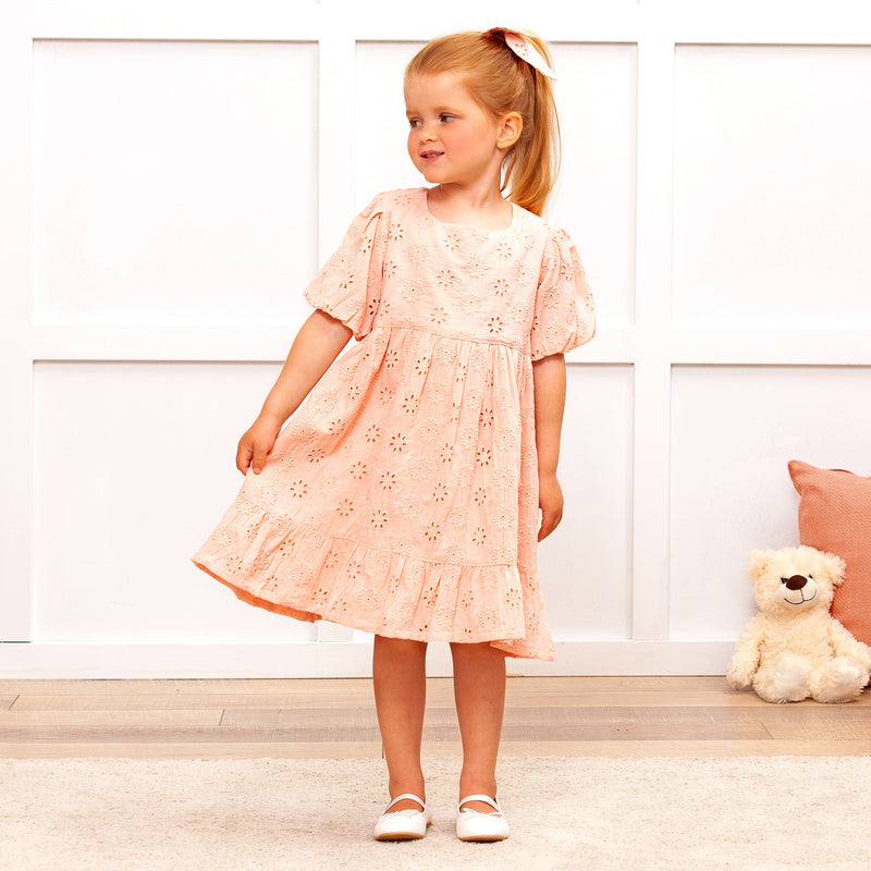 Pink Cotton Eyelet Dress with Puff Sleeves