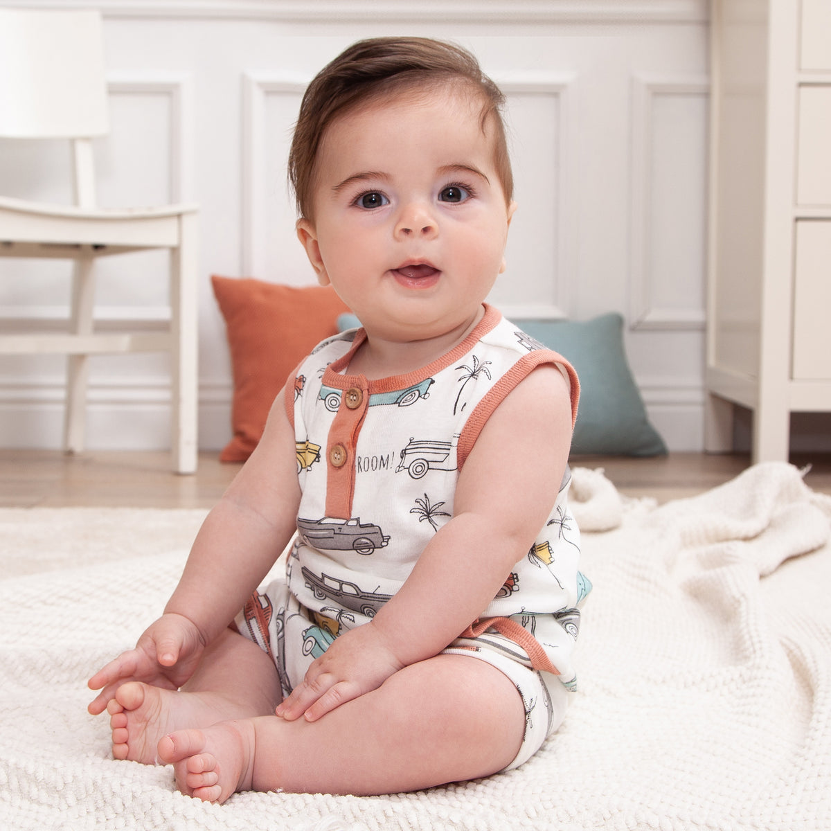 Classic Cars Sleeveless Henley Short Romper