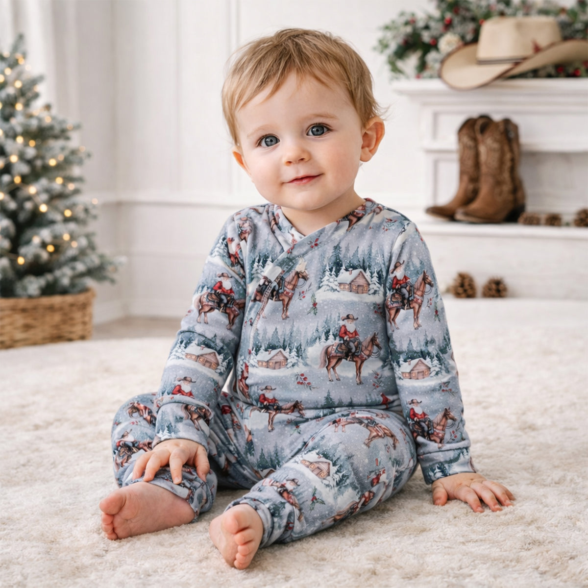 Cowboy Christmas Bamboo Zipper Romper - Convertible Cuffs