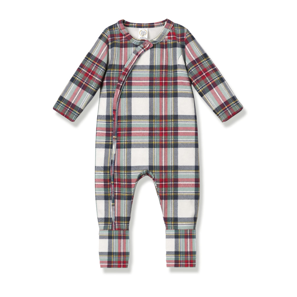 Plaid Baby Christmas Zipper Romper With Convertible Cuffs