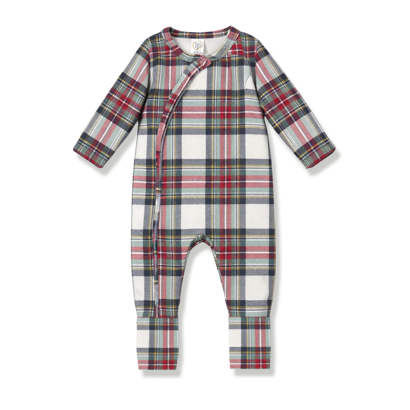 Plaid Baby Christmas Zipper Romper With Convertible Cuffs