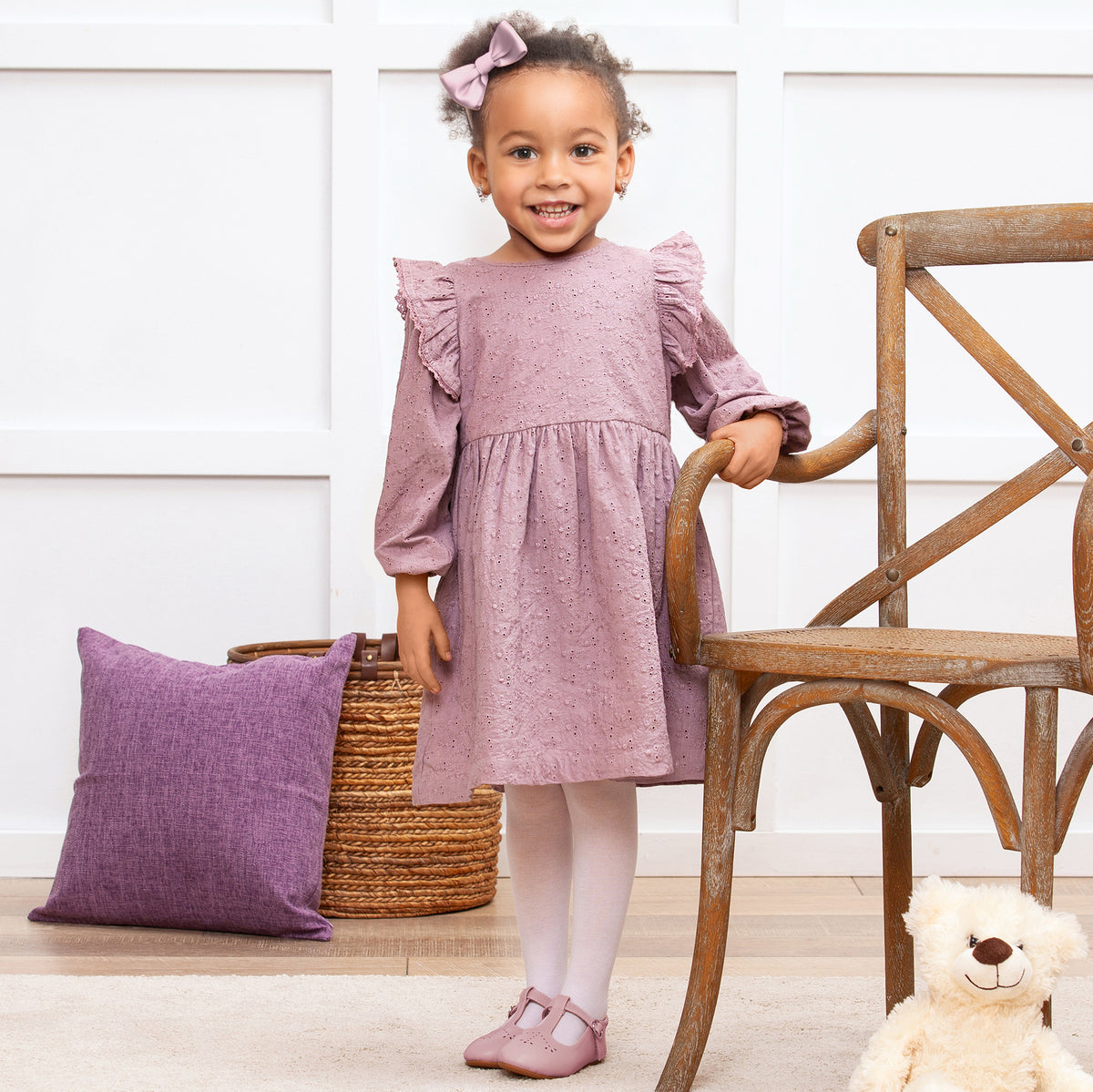 Mauve Eyelet Girls Dress Embroidered Cotton Ruffle Sleeve Tesa Babe Mauve Eyelet Girls Dress Embroidered Cotton Ruffle Sleeve Tesa Babe