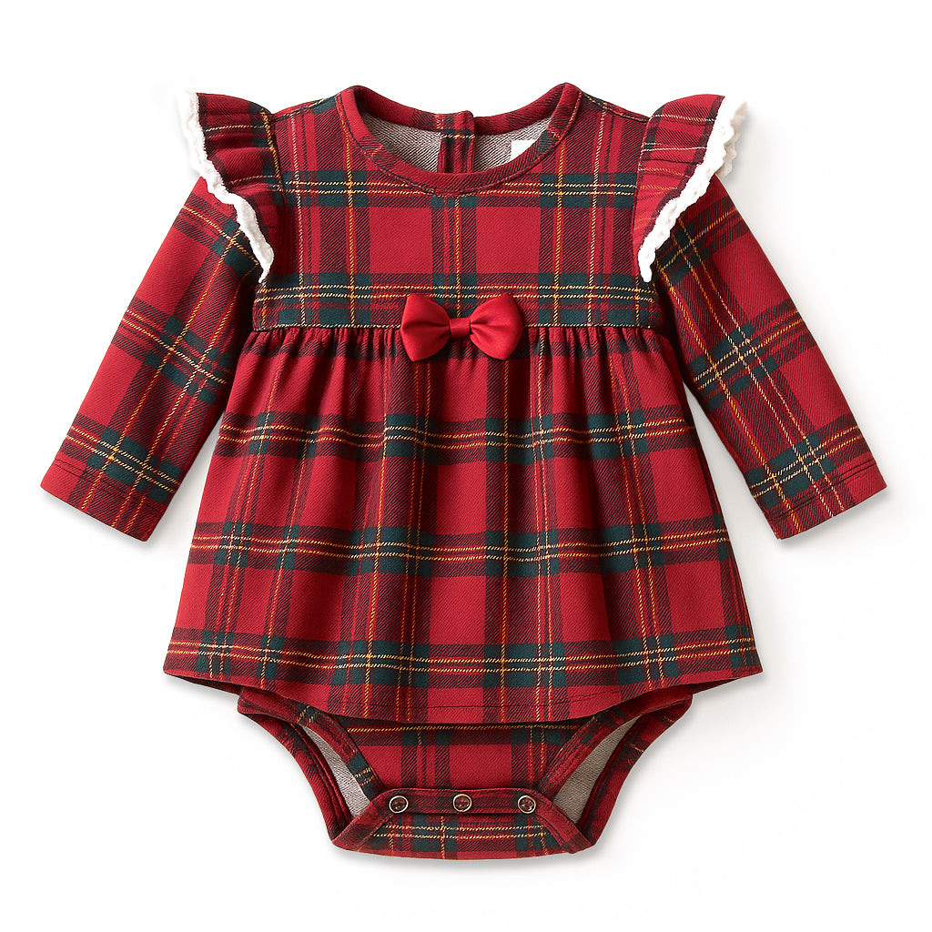 Christmas Bamboo Baby Skirted Bodysuit – Red Holiday Tartan Plaid