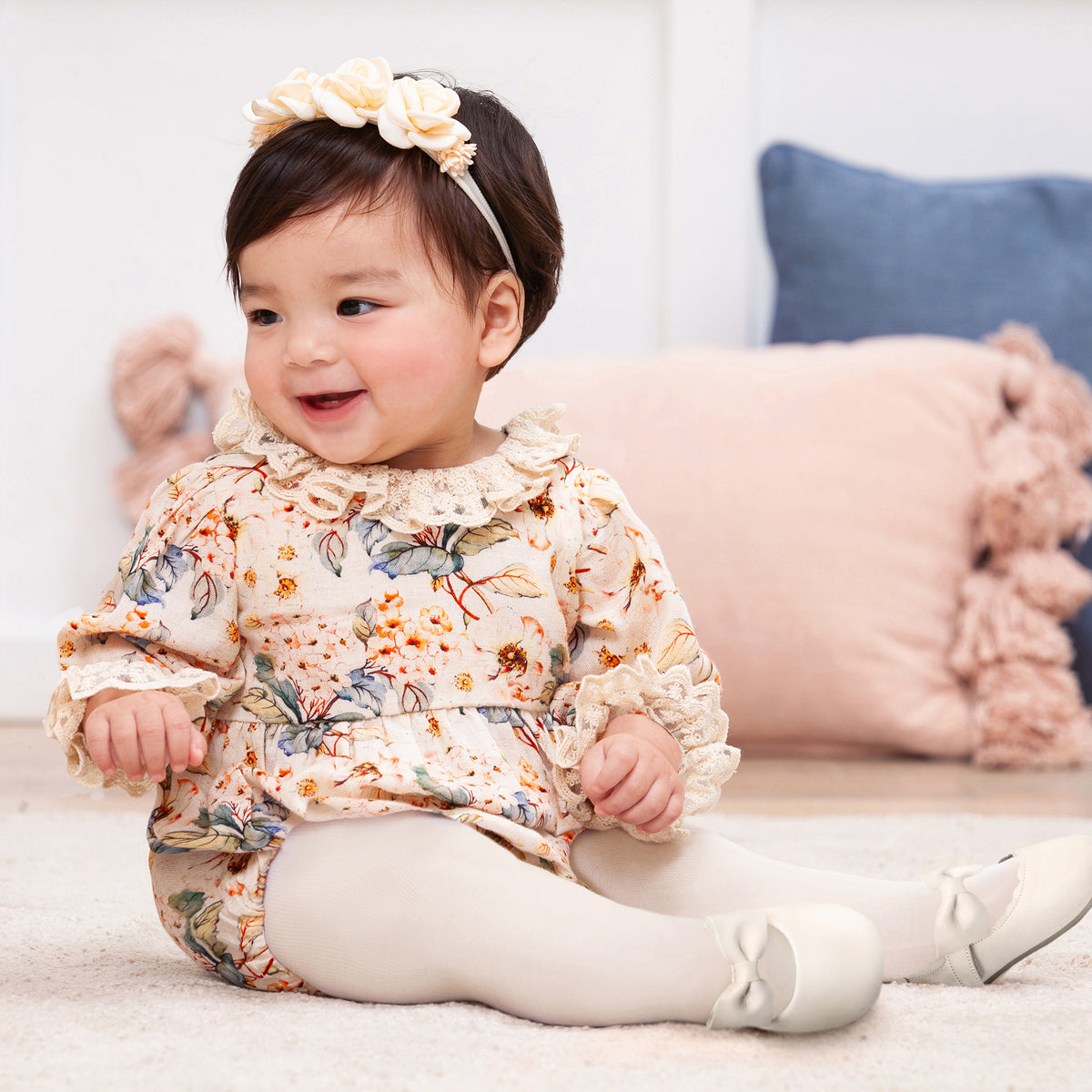 Linen Vintage Floral Bodysuit with Lace Accents