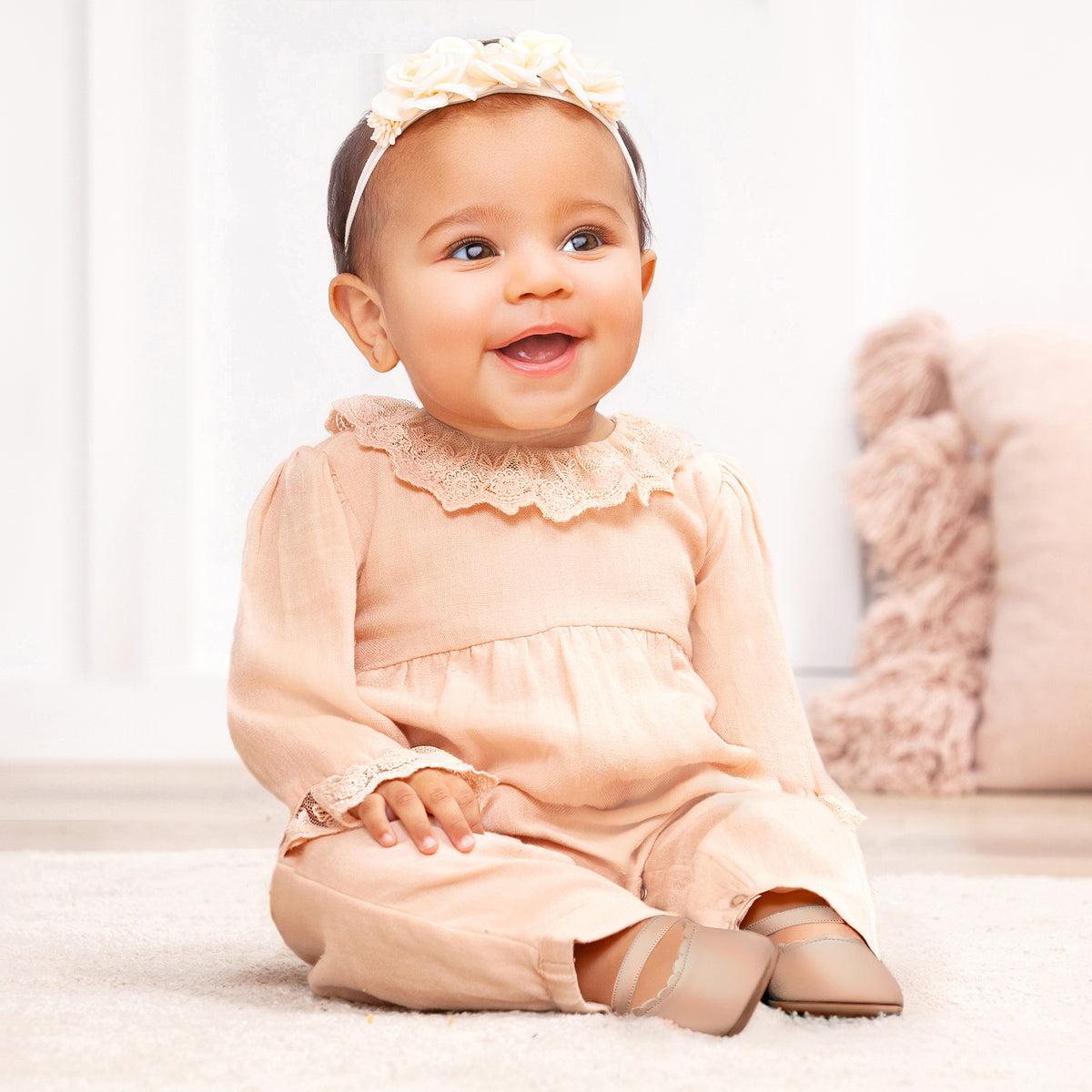 Lace Trim Baby Girl Romper in Soft Beige Rayon Linen