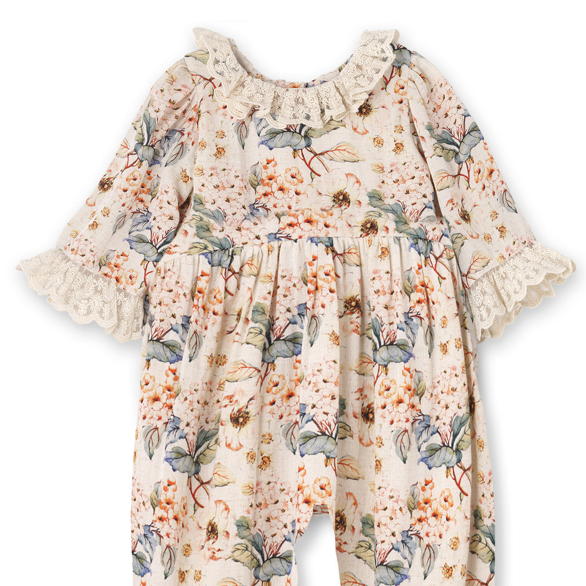 Linen Vintage Floral Romper with Lace Accents