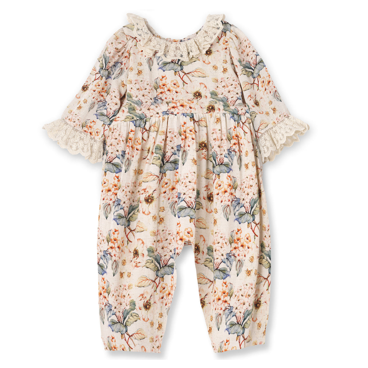 Linen Vintage Floral Romper with Lace Accents