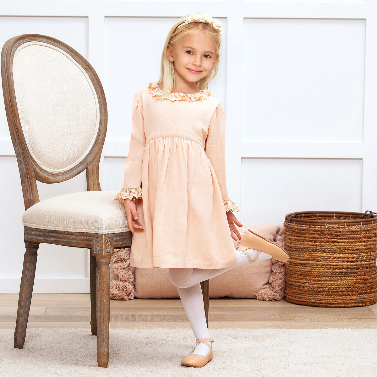 Lace Trim Linen Dress – Soft Beige Special Occasion Style