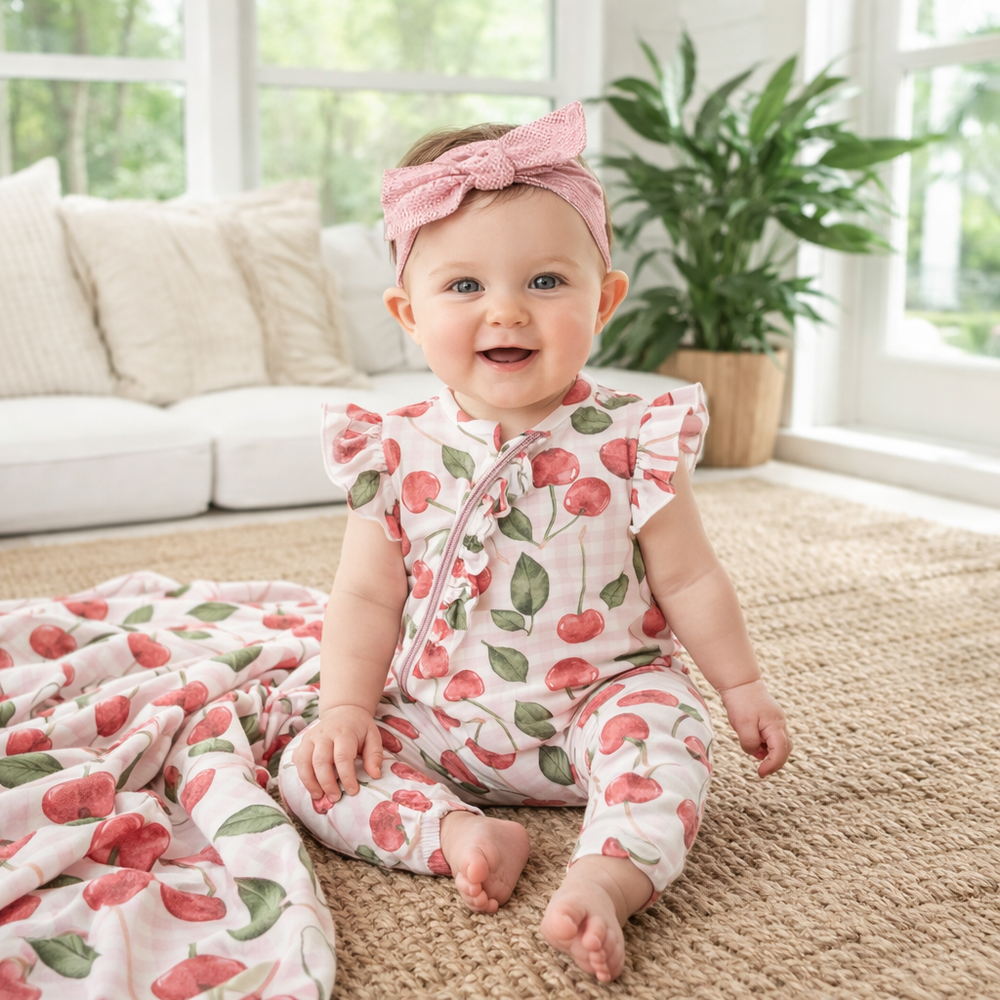 Cherry Picnic Baby Girl Romper – Soft Bamboo Zipper Pajamas – Tesa