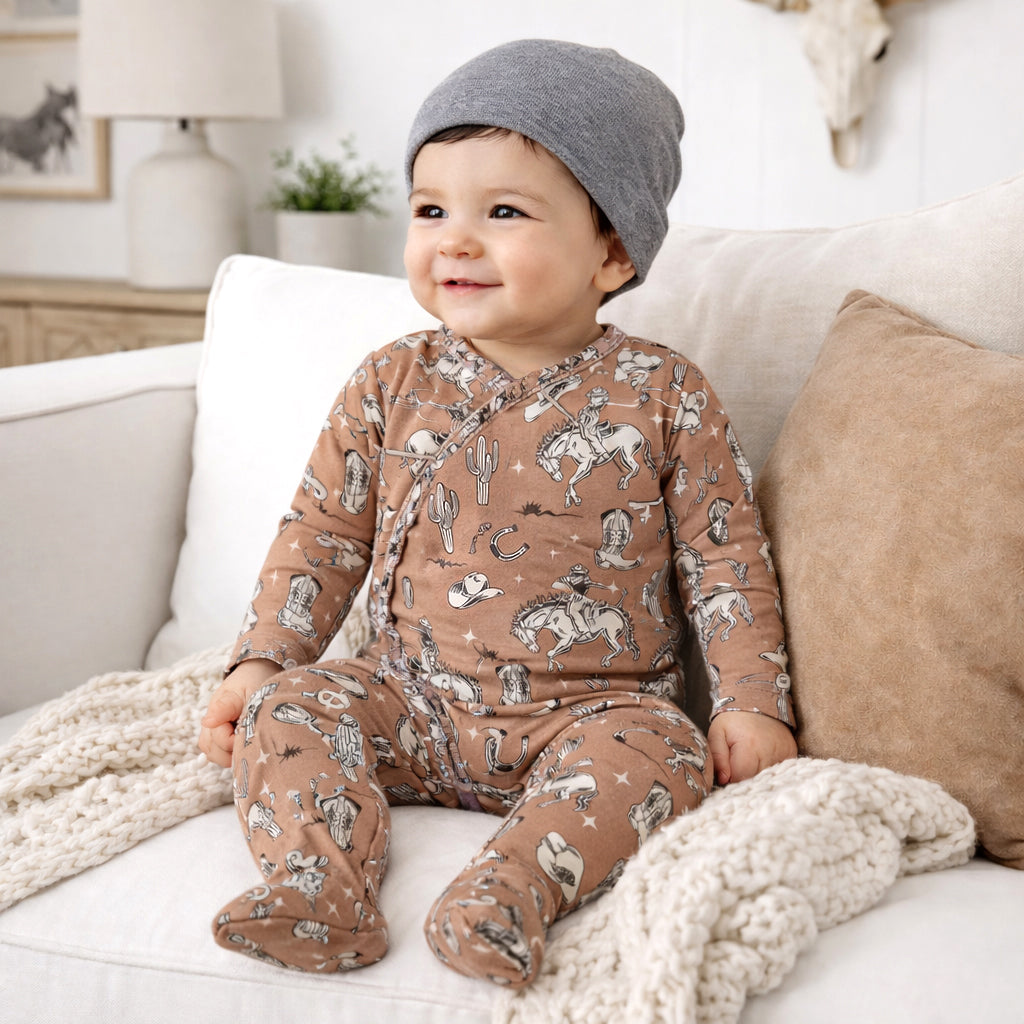 BayBee ベイビー no collar denim JK Wild Wrangler/Brown Western Baby Boy Bamboo Zipper Romper – Tesa Babe
