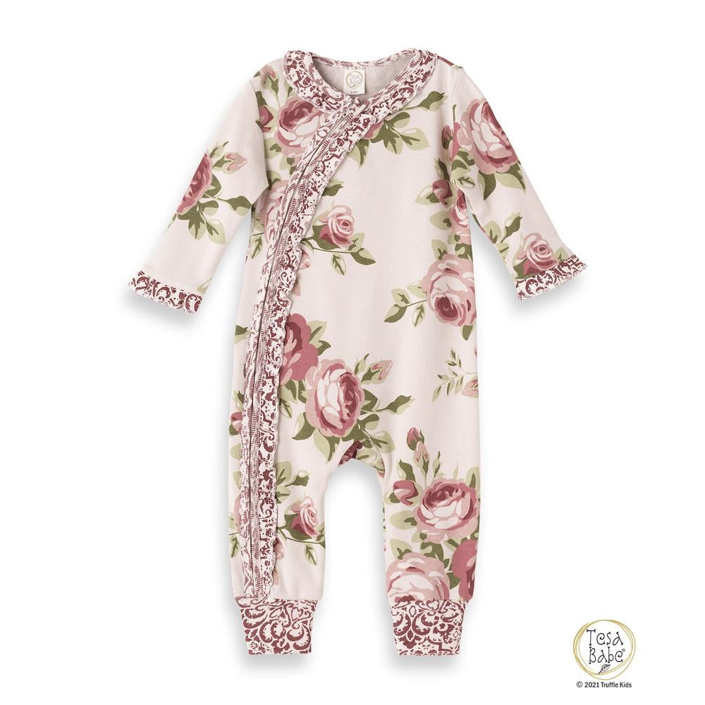 Baby Girl's Cabbage Rose Damask Cotton Zippered Romper 12-18M