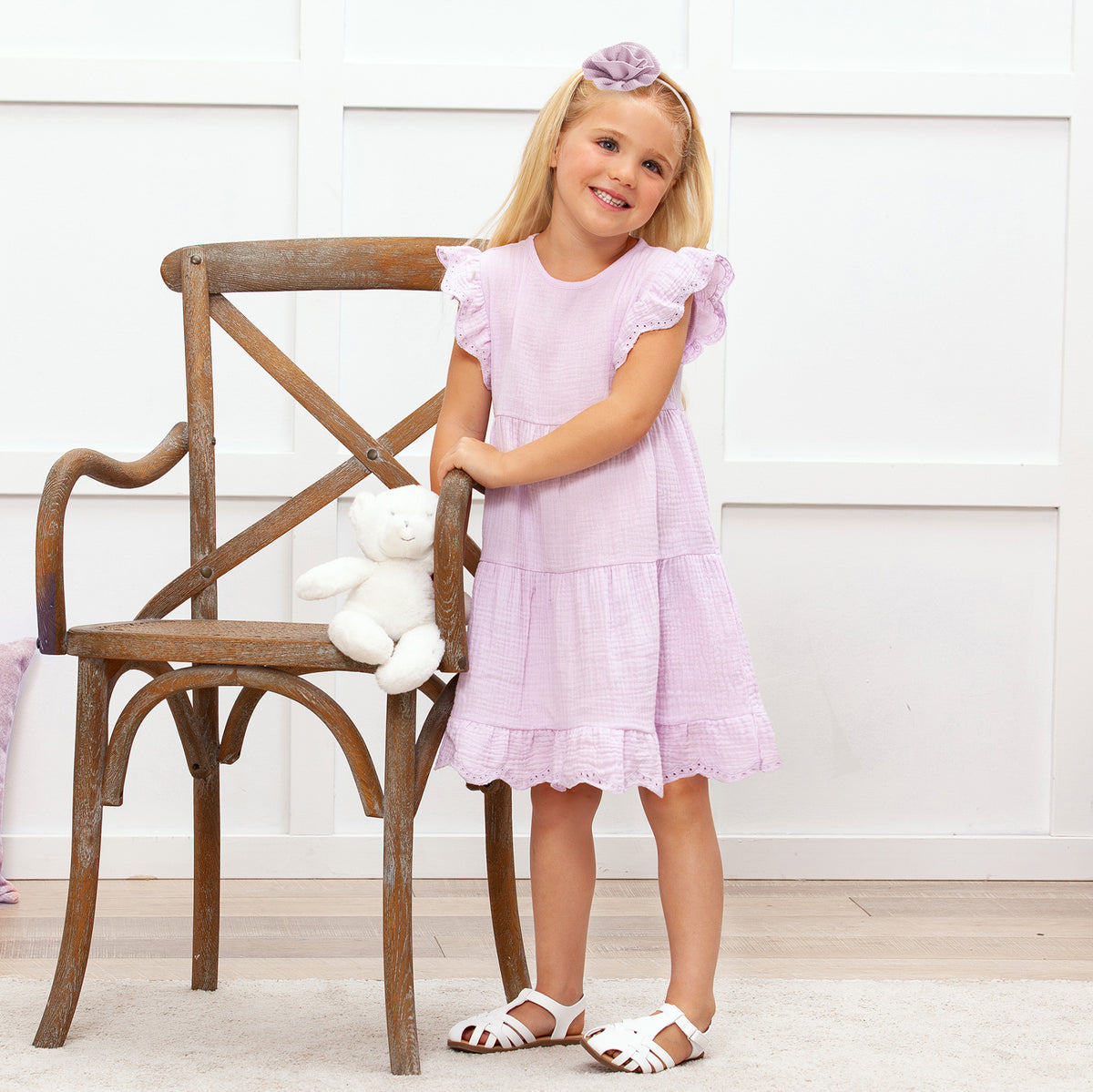 Girl's Gauze Dress w/Eyelet Flutter Sleeves