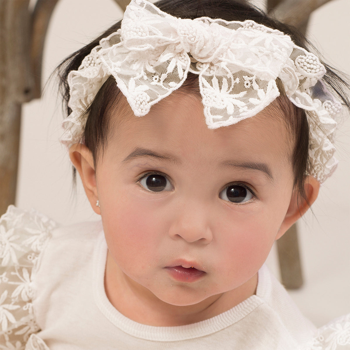 Ivory Embroidered Lace Headband W/Bow