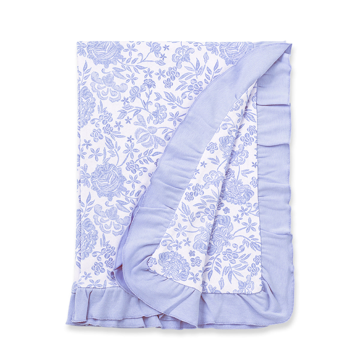 Floral Stroller Blanket With Ruffle Trim - Soft Blue Cotton
