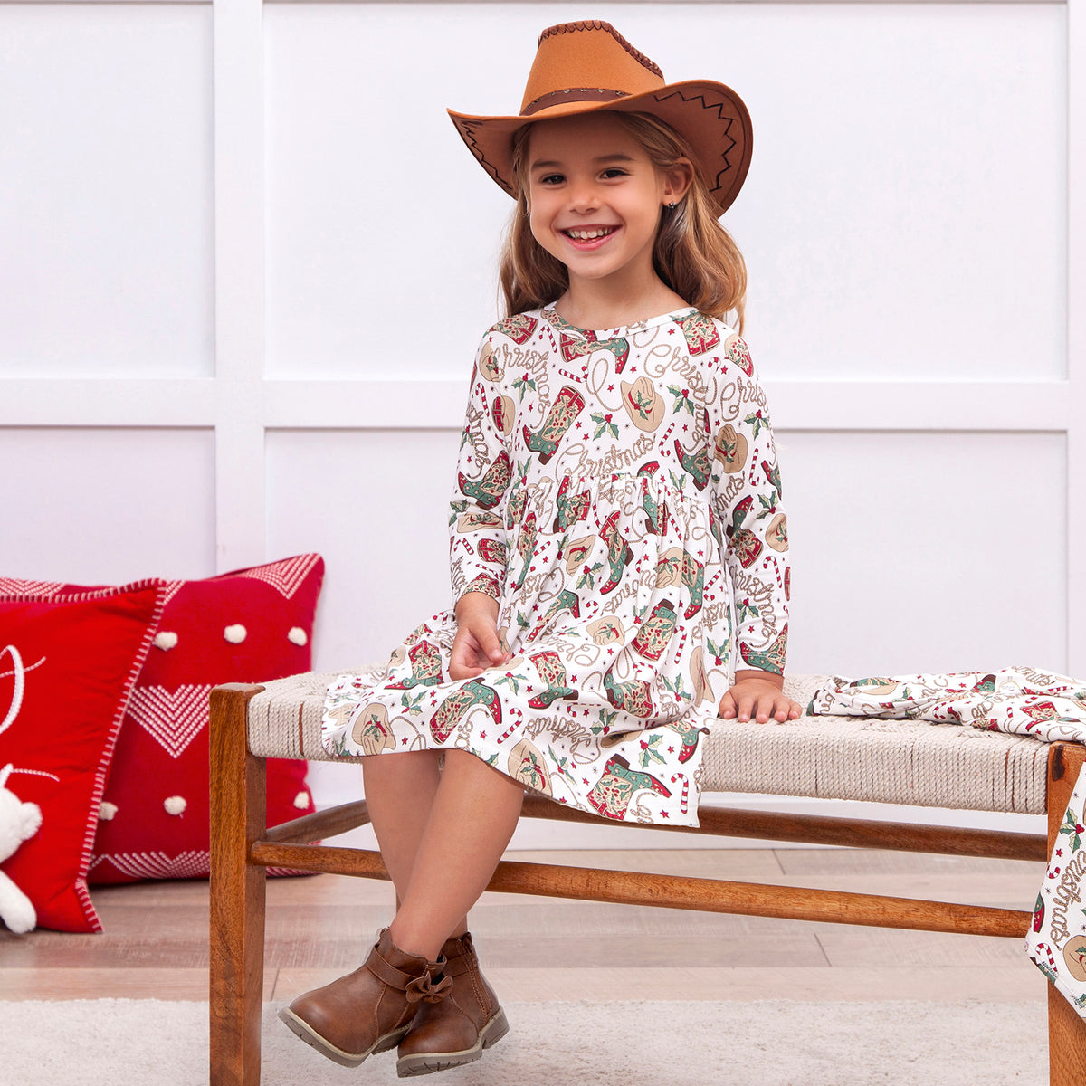 Western Christmas Girls Dress Soft Bamboo Holiday Style Western Christmas Girls Dress Soft Bamboo Holiday Style