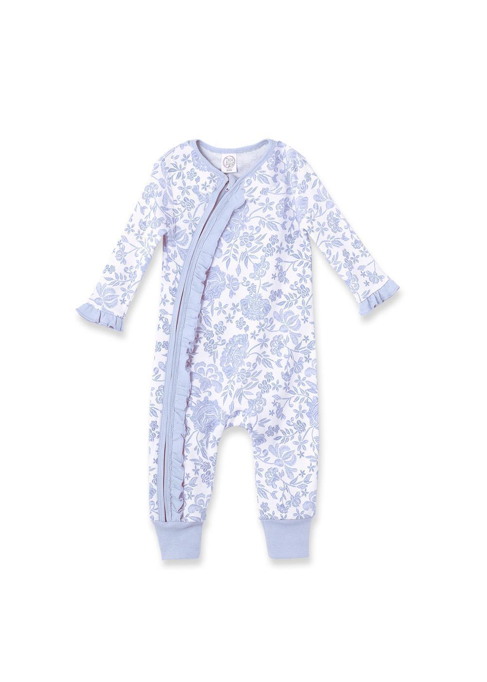 Floral Baby Zipper Romper With Ruffles – Soft Blue Cotton