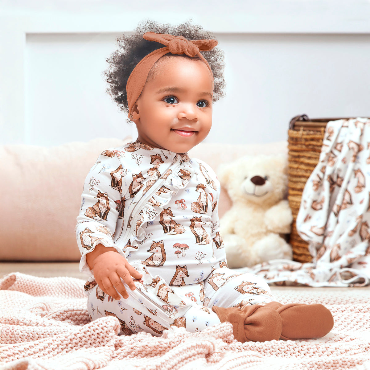 Bamboo Woodland Fox Baby Girl Zipper Romper with Ruffle
