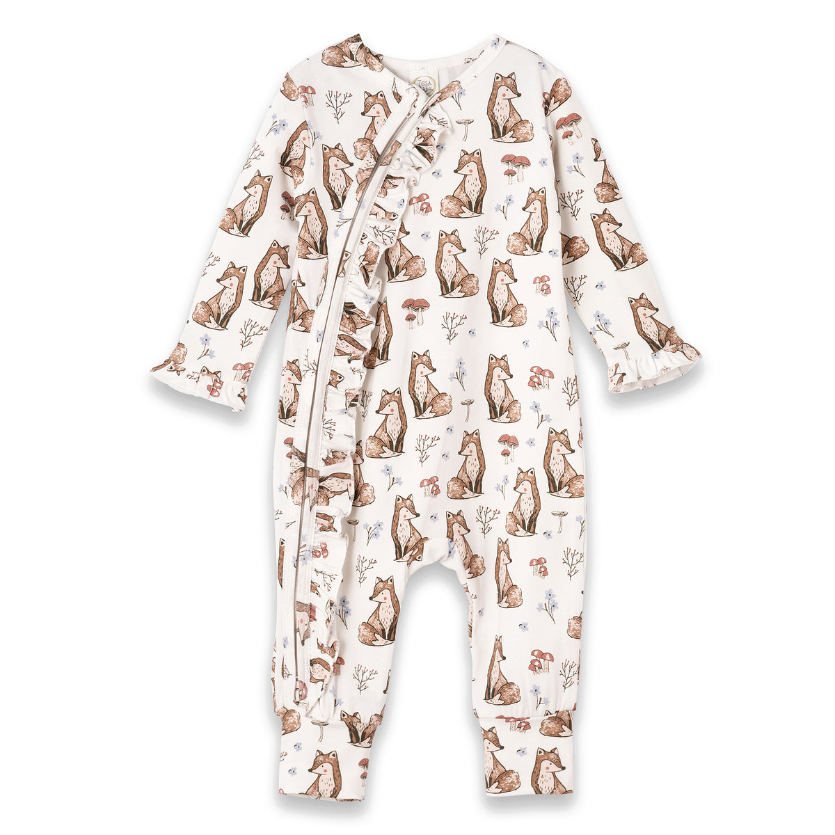 Bamboo Woodland Fox Baby Girl Zipper Romper with Ruffle