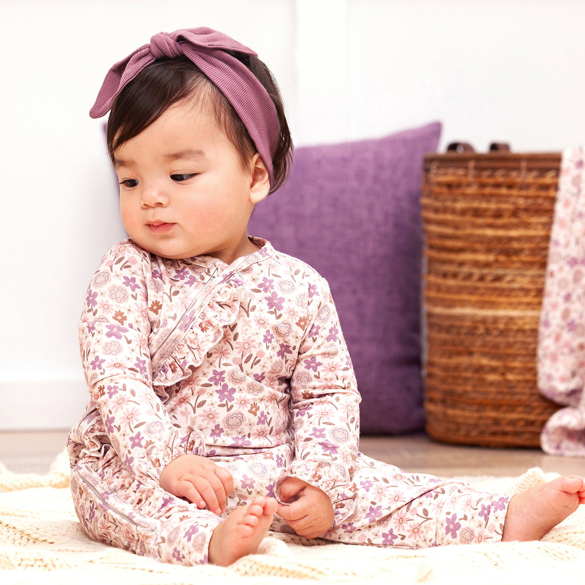Baby Girl Zipper Romper – Bamboo Floral Ruffle One-Piece