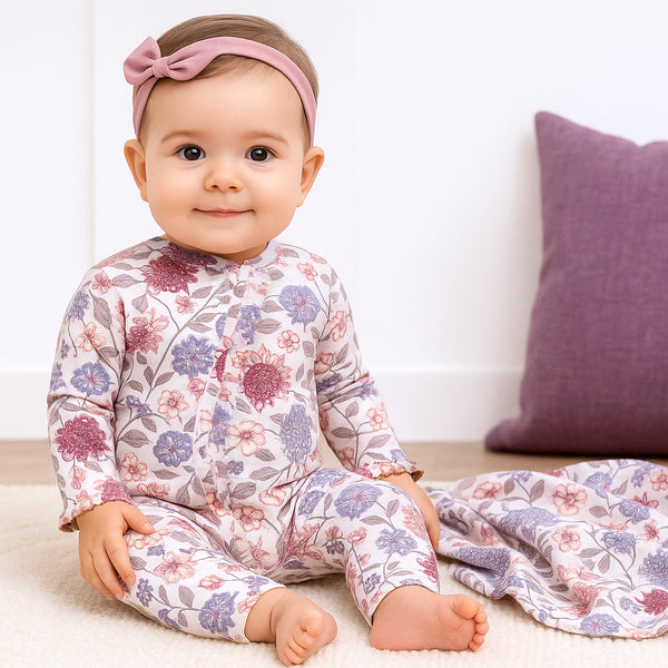 Vintage Floral Girls Bamboo Romper 3 Piece Set