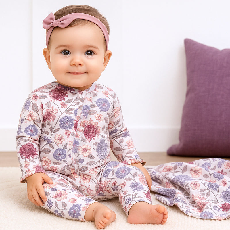 Vintage Floral Girls Bamboo Romper 3 Piece Set