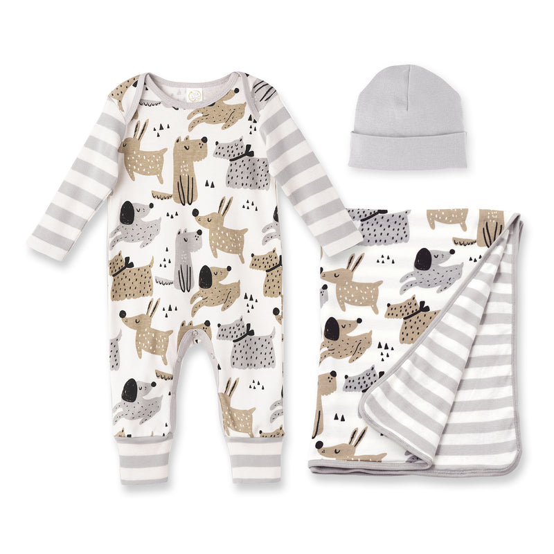 Puppy Dog Baby Boy 3-Piece Gift Set – Romper, Blanket & Beanie