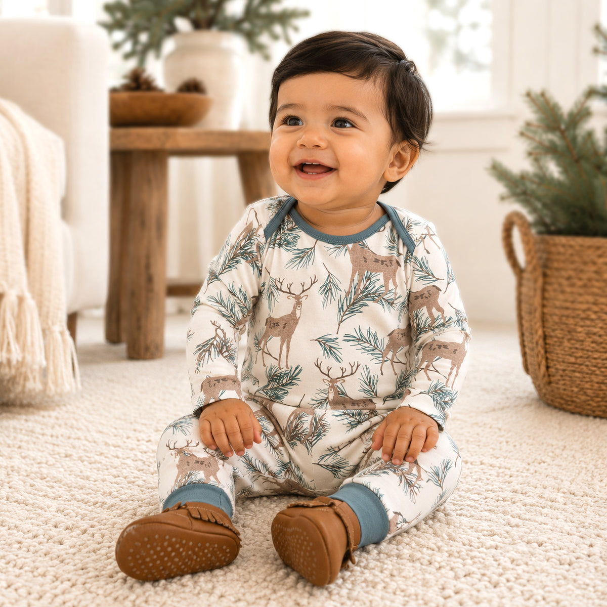 Deer Pine Baby Romper | Cotton Woodland Print
